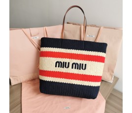 미우미우 MIUMIU 스프라이프 라피아 토트 백